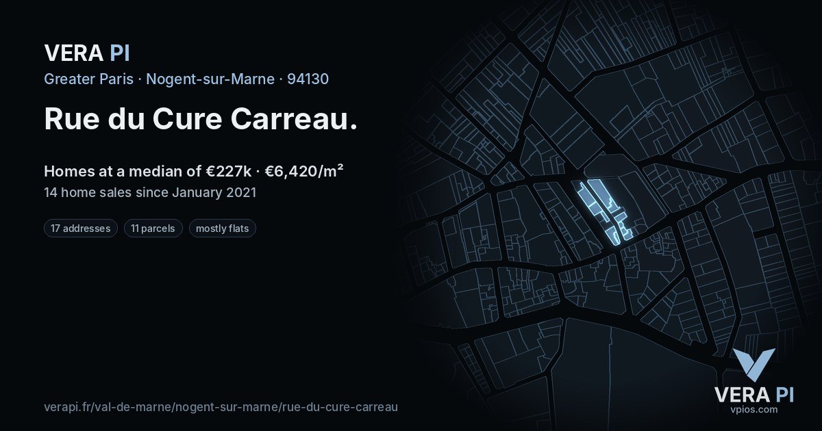 Rue du Cure Carreau, Nogent-sur-Marne at night – every parcel coloured by the prices around it, the street's own parcels lit