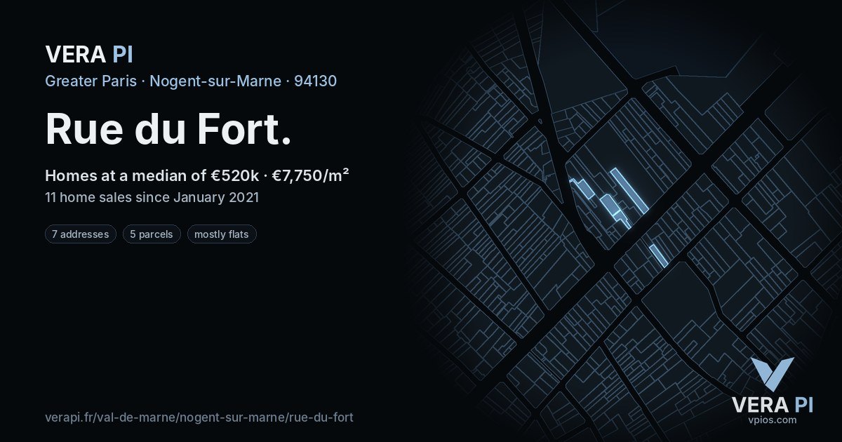 Rue du Fort, Nogent-sur-Marne at night – every parcel coloured by the prices around it, the street's own parcels lit