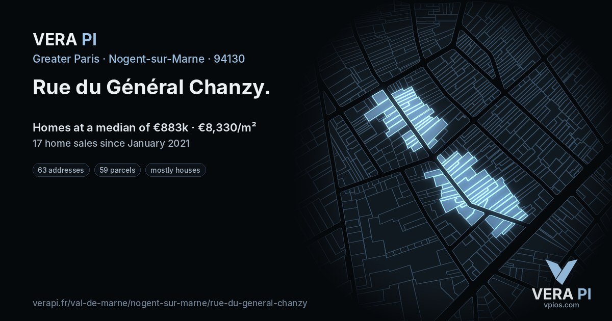 Rue du Général Chanzy, Nogent-sur-Marne at night – every parcel coloured by the prices around it, the street's own parcels lit