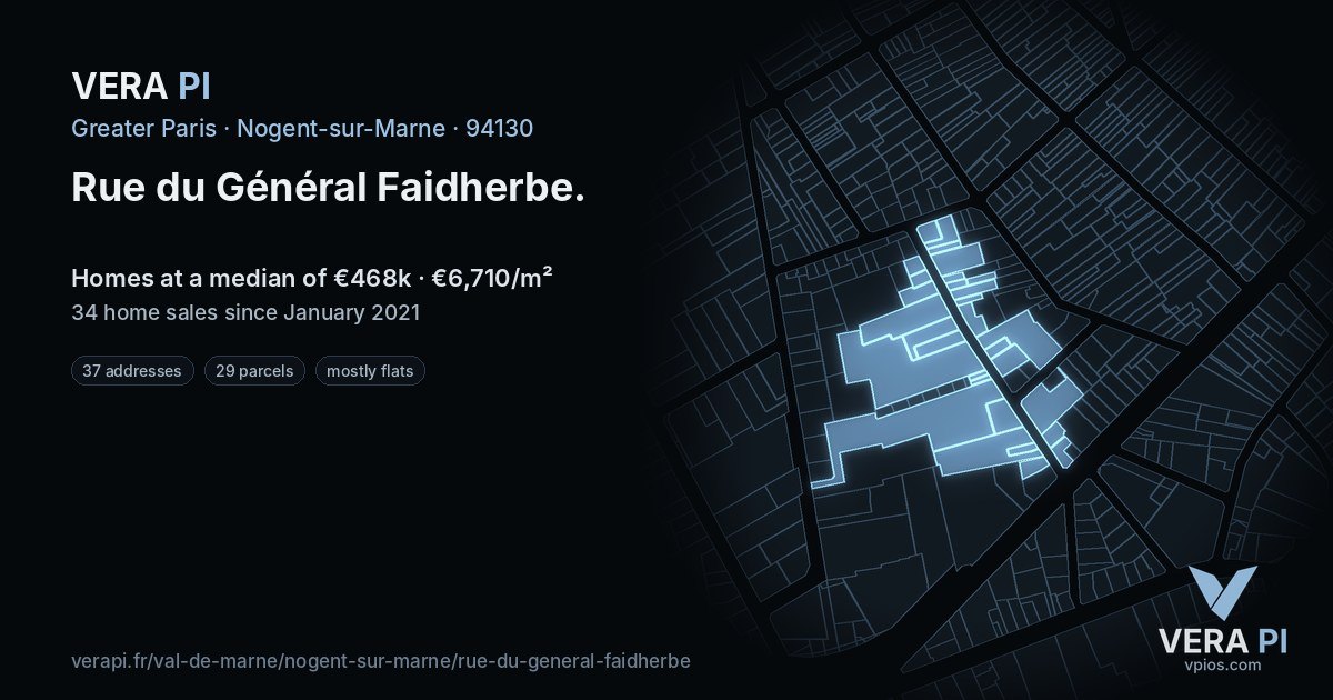 Rue du Général Faidherbe, Nogent-sur-Marne at night – every parcel coloured by the prices around it, the street's own parcels lit