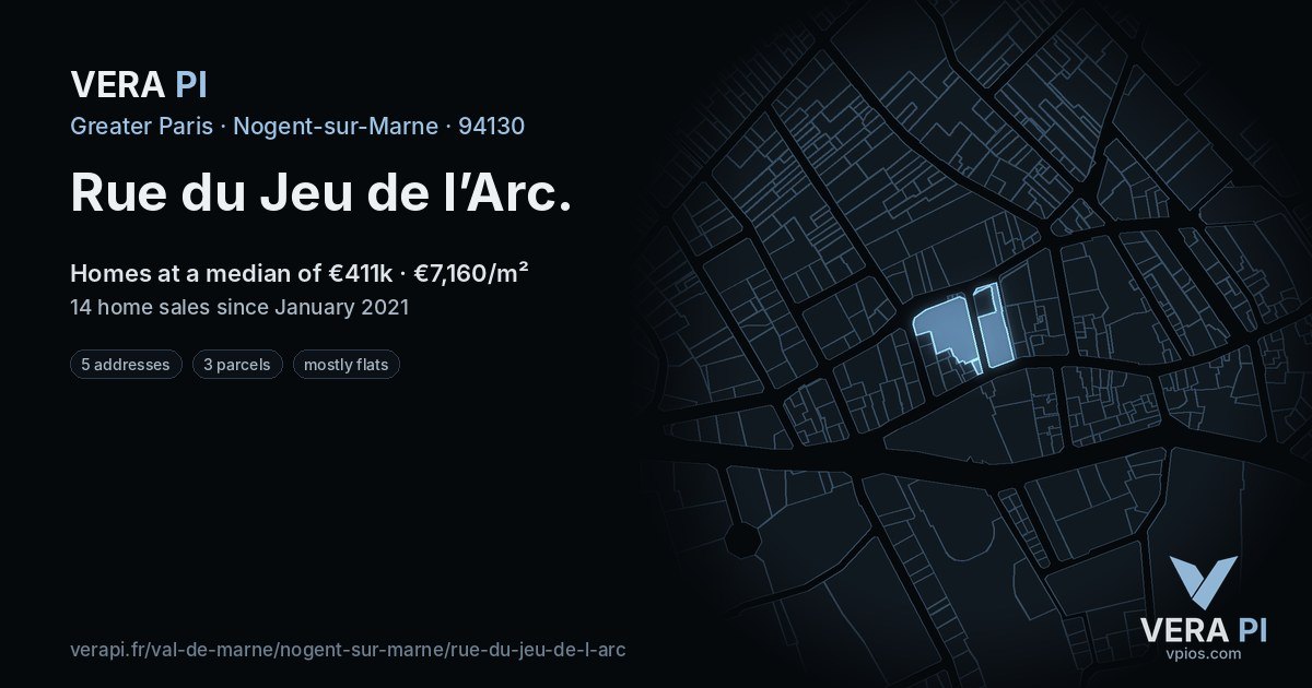 Rue du Jeu de l’Arc, Nogent-sur-Marne at night – every parcel coloured by the prices around it, the street's own parcels lit