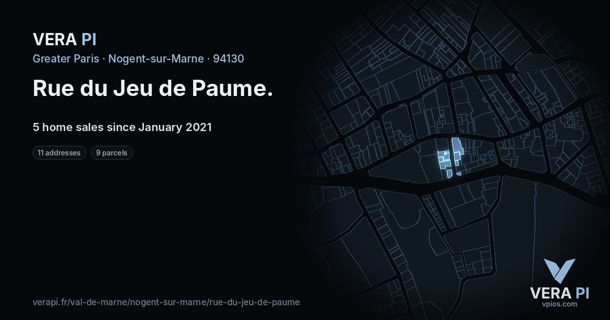 Rue du Jeu de Paume, Nogent-sur-Marne at night – every parcel coloured by the prices around it, the street's own parcels lit