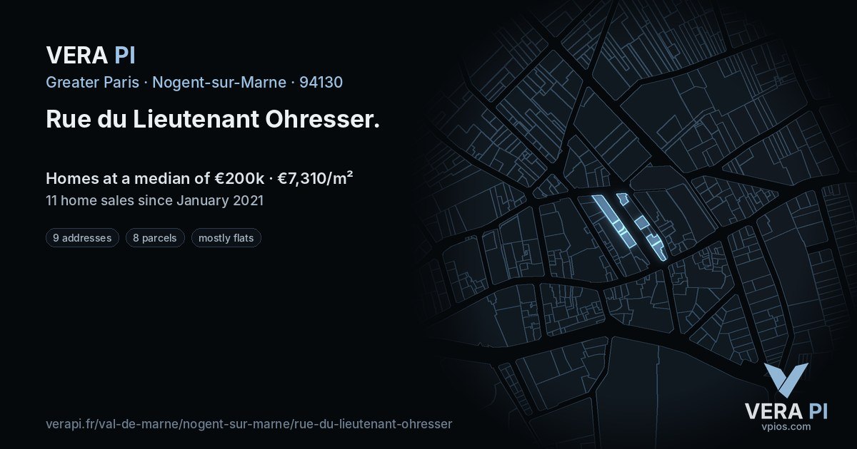 Rue du Lieutenant Ohresser, Nogent-sur-Marne at night – every parcel coloured by the prices around it, the street's own parcels lit