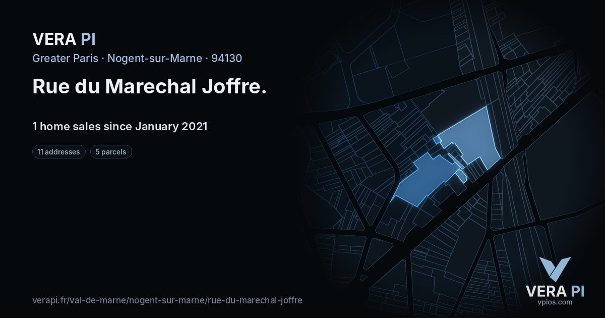Rue du Marechal Joffre, Nogent-sur-Marne at night – every parcel coloured by the prices around it, the street's own parcels lit