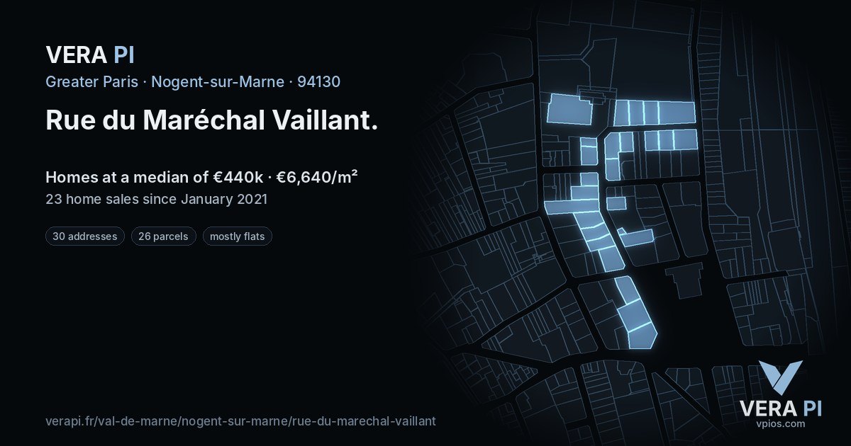 Rue du Maréchal Vaillant, Nogent-sur-Marne at night – every parcel coloured by the prices around it, the street's own parcels lit