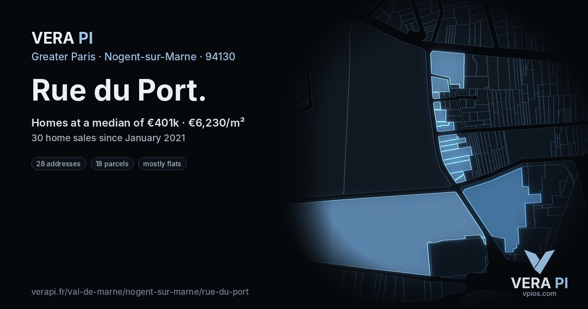 Rue du Port, Nogent-sur-Marne at night – every parcel coloured by the prices around it, the street's own parcels lit