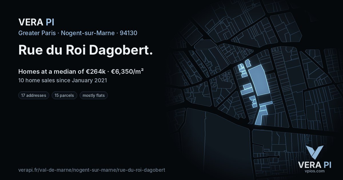 Rue du Roi Dagobert, Nogent-sur-Marne at night – every parcel coloured by the prices around it, the street's own parcels lit