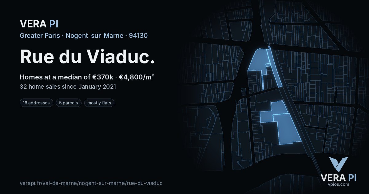 Rue du Viaduc, Nogent-sur-Marne at night – every parcel coloured by the prices around it, the street's own parcels lit