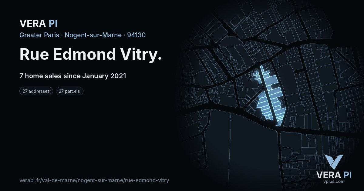 Rue Edmond Vitry, Nogent-sur-Marne at night – every parcel coloured by the prices around it, the street's own parcels lit