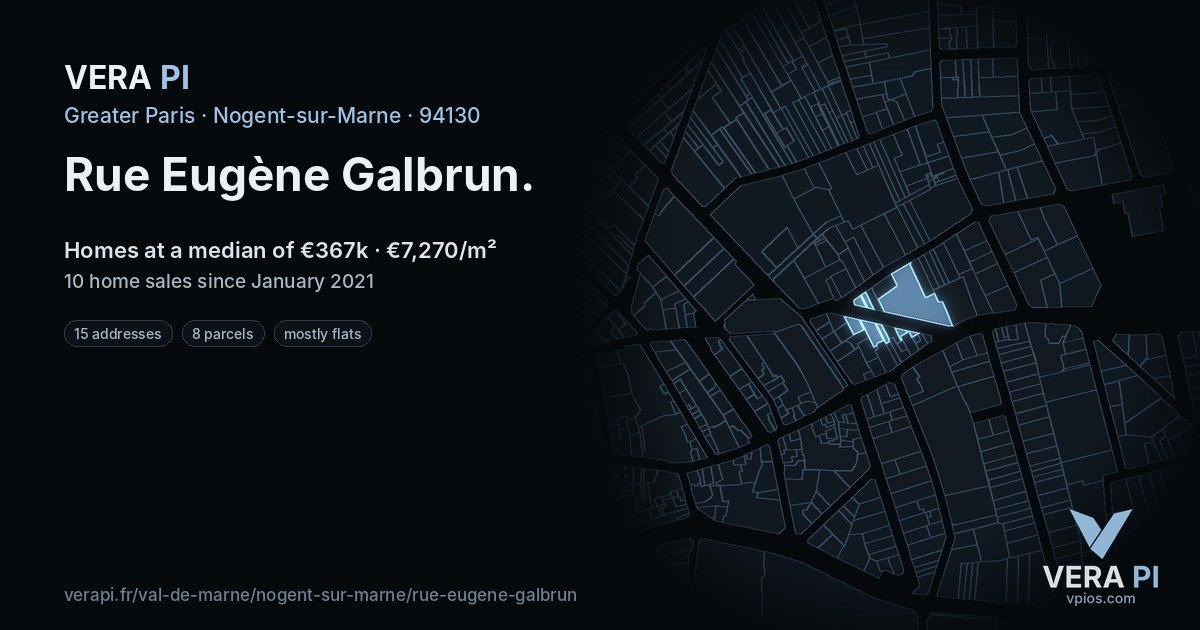 Rue Eugène Galbrun, Nogent-sur-Marne at night – every parcel coloured by the prices around it, the street's own parcels lit