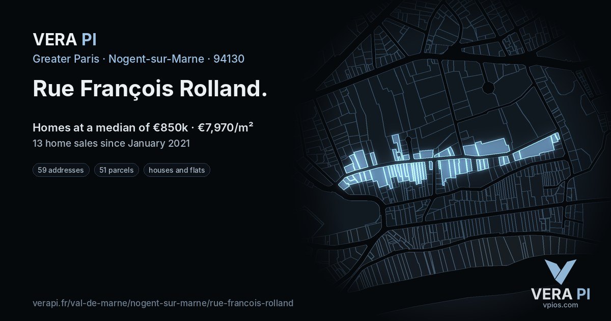 Rue François Rolland, Nogent-sur-Marne at night – every parcel coloured by the prices around it, the street's own parcels lit