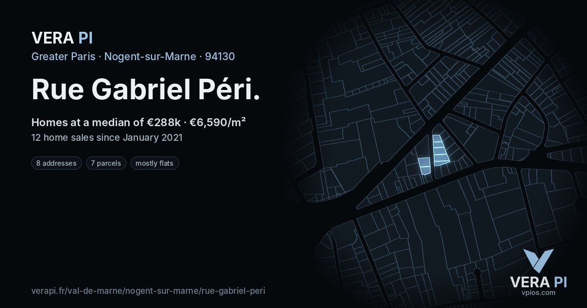 Rue Gabriel Péri, Nogent-sur-Marne at night – every parcel coloured by the prices around it, the street's own parcels lit
