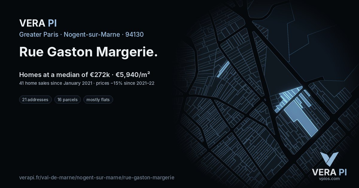 Rue Gaston Margerie, Nogent-sur-Marne at night – every parcel coloured by the prices around it, the street's own parcels lit