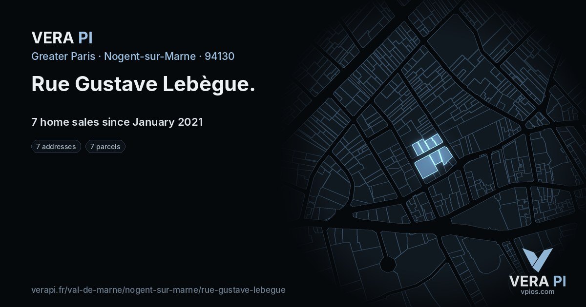 Rue Gustave Lebègue, Nogent-sur-Marne at night – every parcel coloured by the prices around it, the street's own parcels lit