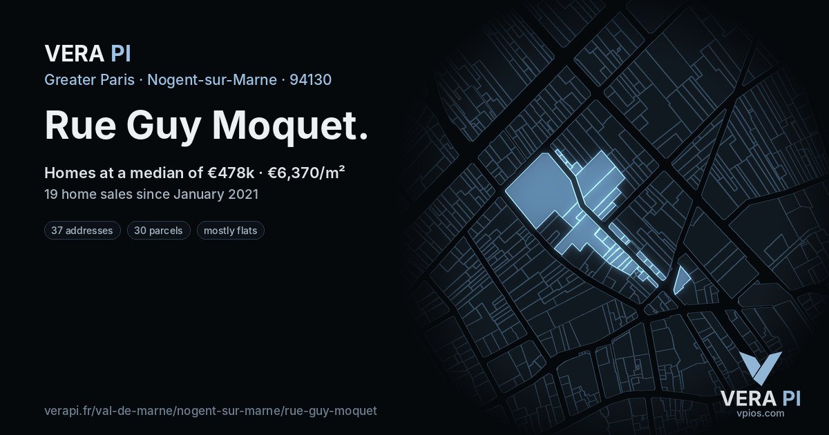 Rue Guy Moquet, Nogent-sur-Marne at night – every parcel coloured by the prices around it, the street's own parcels lit