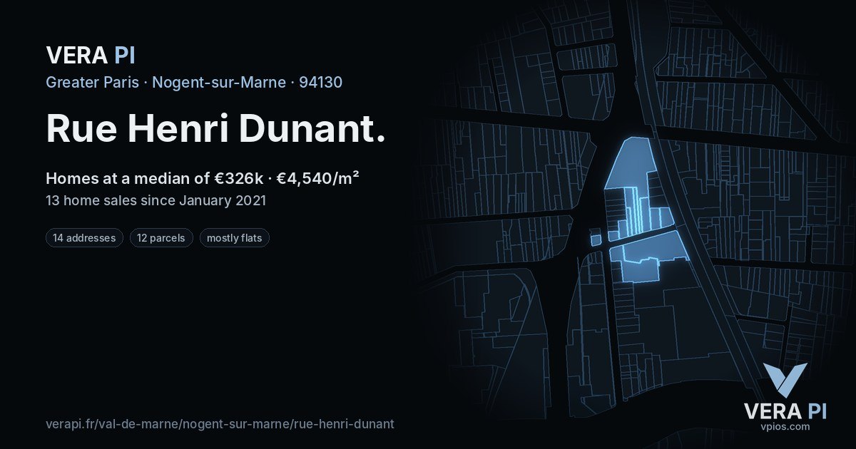 Rue Henri Dunant, Nogent-sur-Marne at night – every parcel coloured by the prices around it, the street's own parcels lit