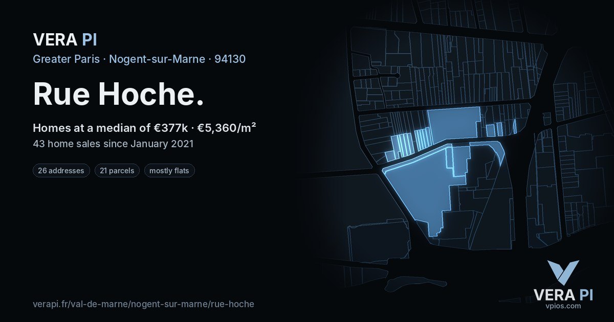 Rue Hoche, Nogent-sur-Marne at night – every parcel coloured by the prices around it, the street's own parcels lit
