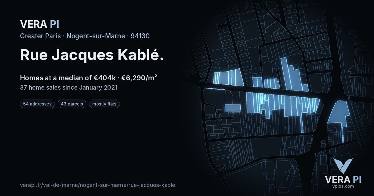 Rue Jacques Kablé, Nogent-sur-Marne at night – every parcel coloured by the prices around it, the street's own parcels lit