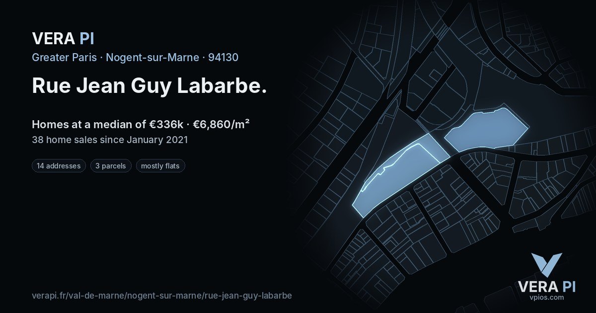Rue Jean Guy Labarbe, Nogent-sur-Marne at night – every parcel coloured by the prices around it, the street's own parcels lit