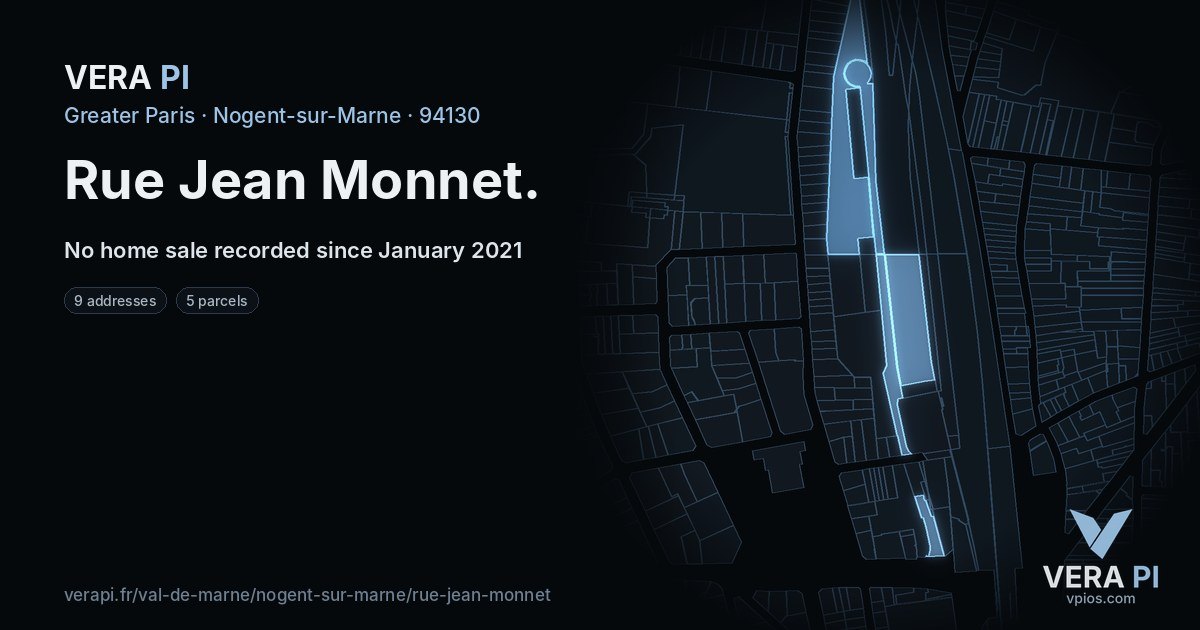 Rue Jean Monnet, Nogent-sur-Marne at night – every parcel coloured by the prices around it, the street's own parcels lit