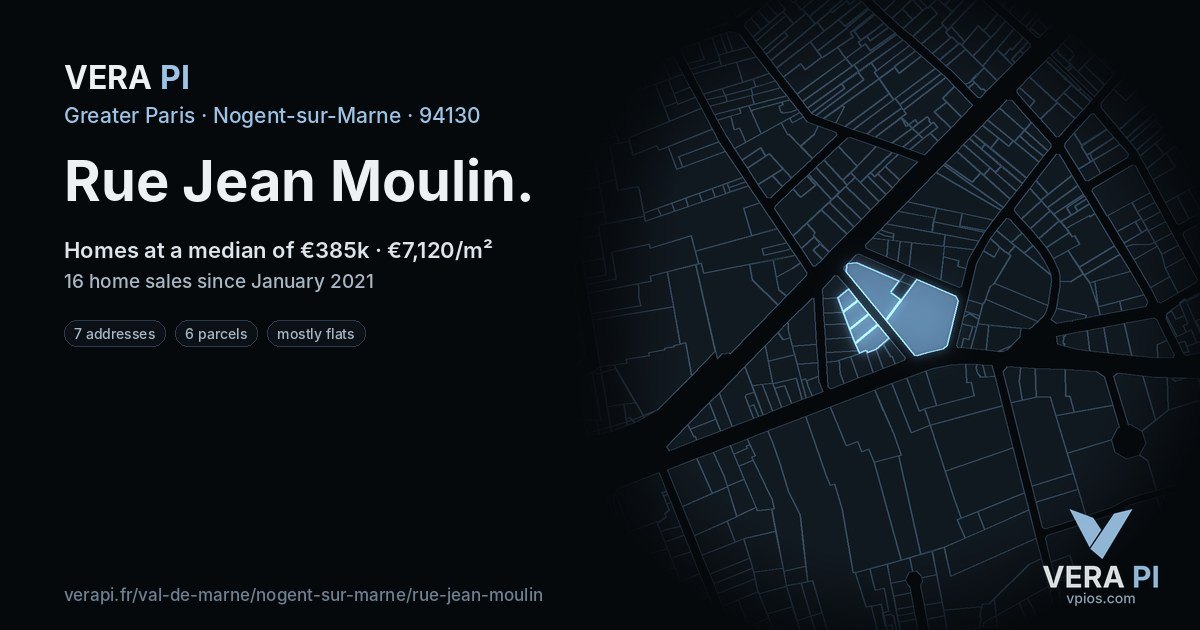 Rue Jean Moulin, Nogent-sur-Marne at night – every parcel coloured by the prices around it, the street's own parcels lit
