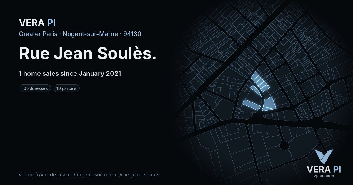 Rue Jean Soulès, Nogent-sur-Marne at night – every parcel coloured by the prices around it, the street's own parcels lit
