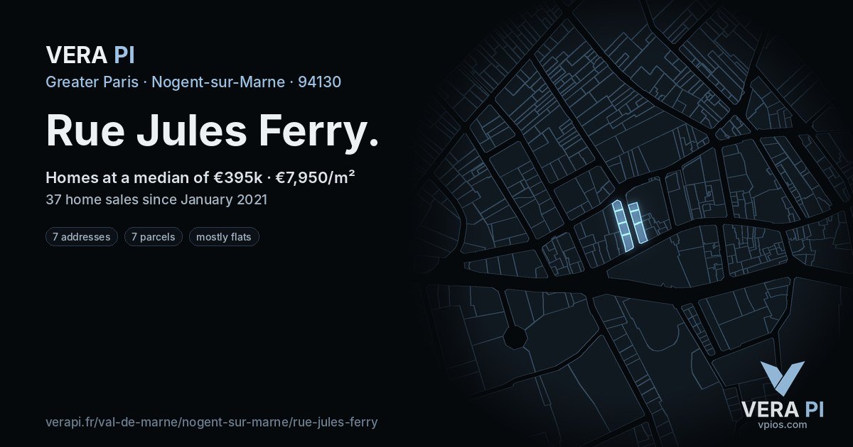 Rue Jules Ferry, Nogent-sur-Marne at night – every parcel coloured by the prices around it, the street's own parcels lit