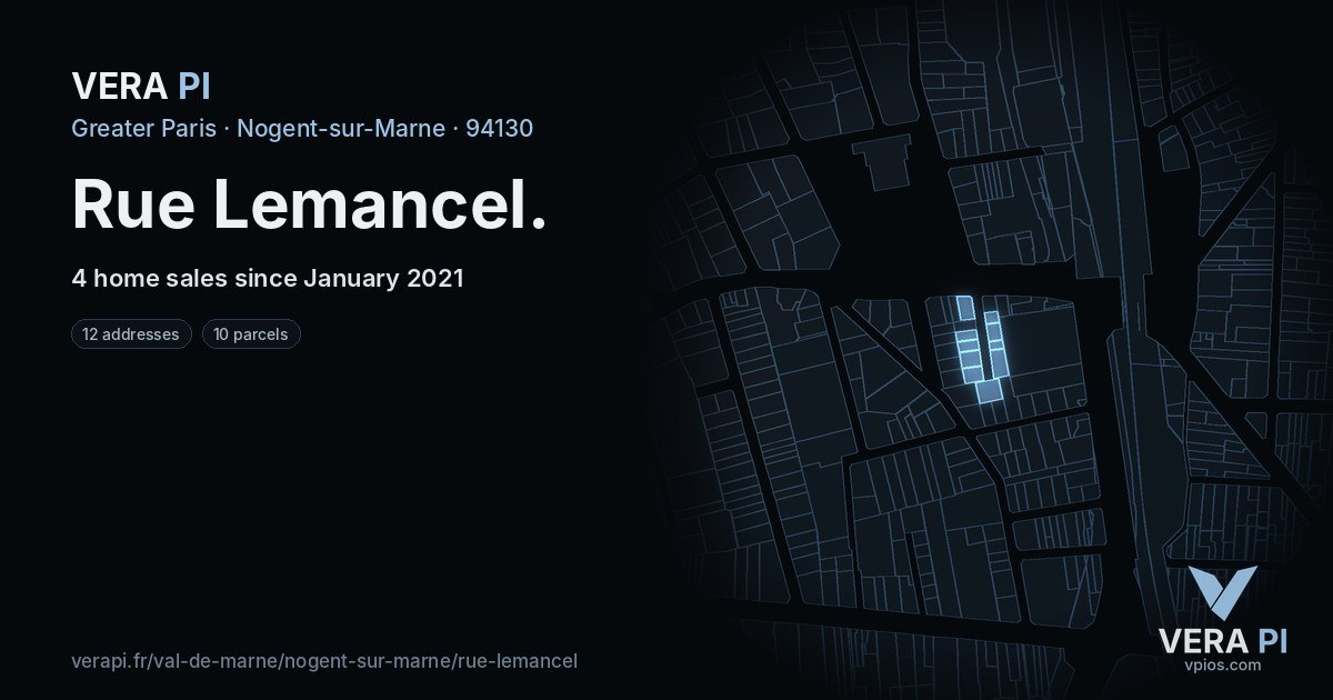 Rue Lemancel, Nogent-sur-Marne at night – every parcel coloured by the prices around it, the street's own parcels lit