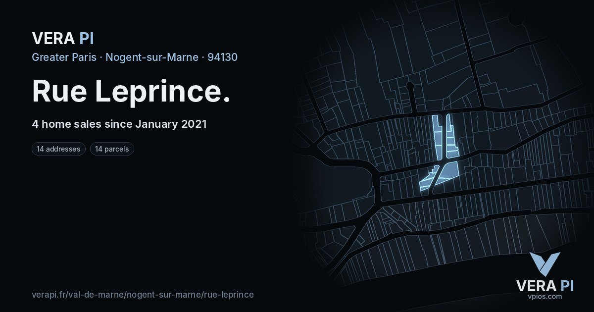 Rue Leprince, Nogent-sur-Marne at night – every parcel coloured by the prices around it, the street's own parcels lit