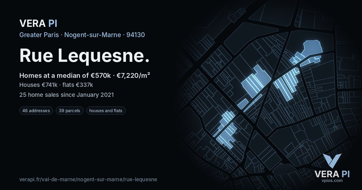 Rue Lequesne, Nogent-sur-Marne at night – every parcel coloured by the prices around it, the street's own parcels lit