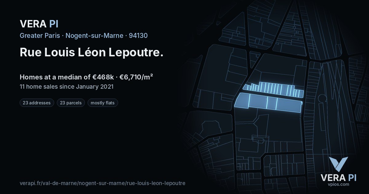 Rue Louis Léon Lepoutre, Nogent-sur-Marne at night – every parcel coloured by the prices around it, the street's own parcels lit