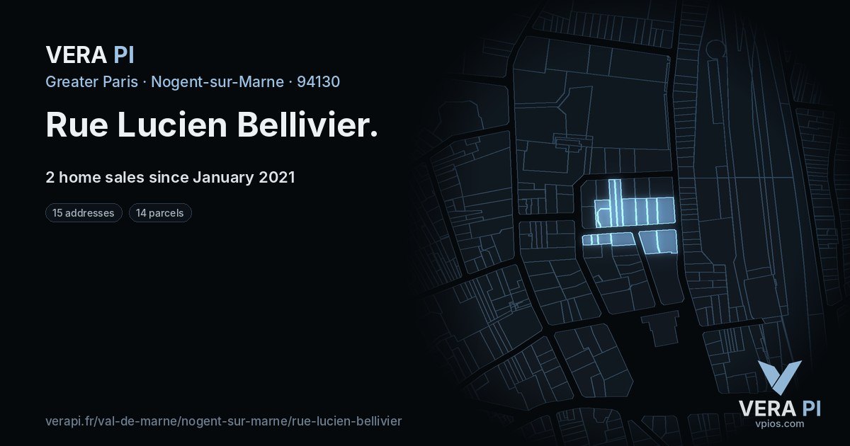 Rue Lucien Bellivier, Nogent-sur-Marne at night – every parcel coloured by the prices around it, the street's own parcels lit