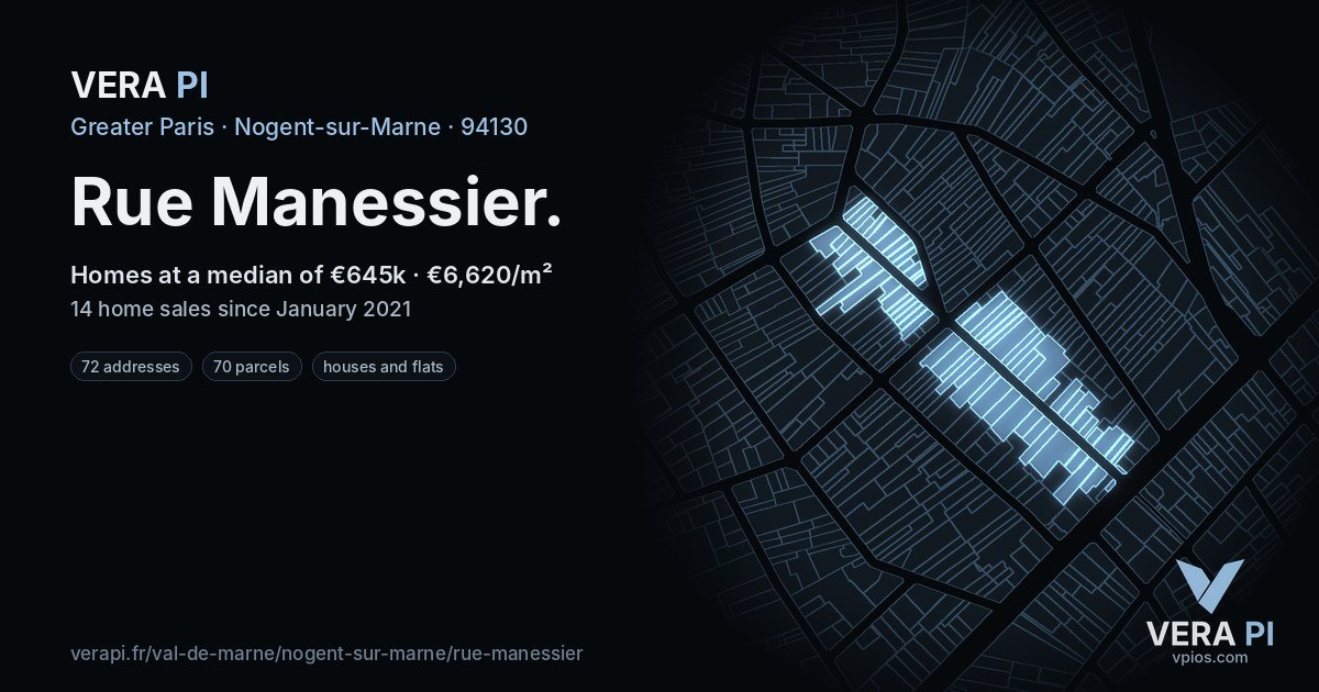 Rue Manessier, Nogent-sur-Marne at night – every parcel coloured by the prices around it, the street's own parcels lit