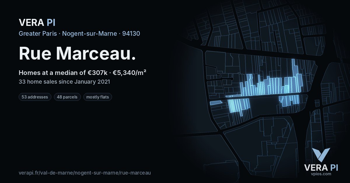 Rue Marceau, Nogent-sur-Marne at night – every parcel coloured by the prices around it, the street's own parcels lit
