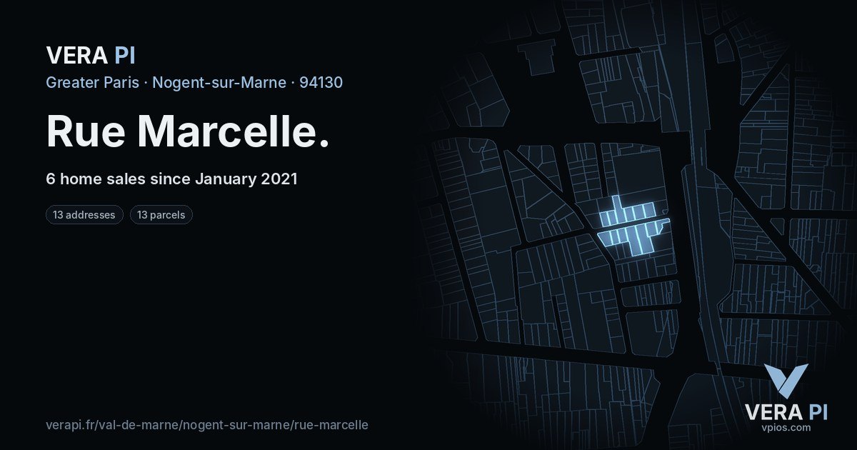 Rue Marcelle, Nogent-sur-Marne at night – every parcel coloured by the prices around it, the street's own parcels lit
