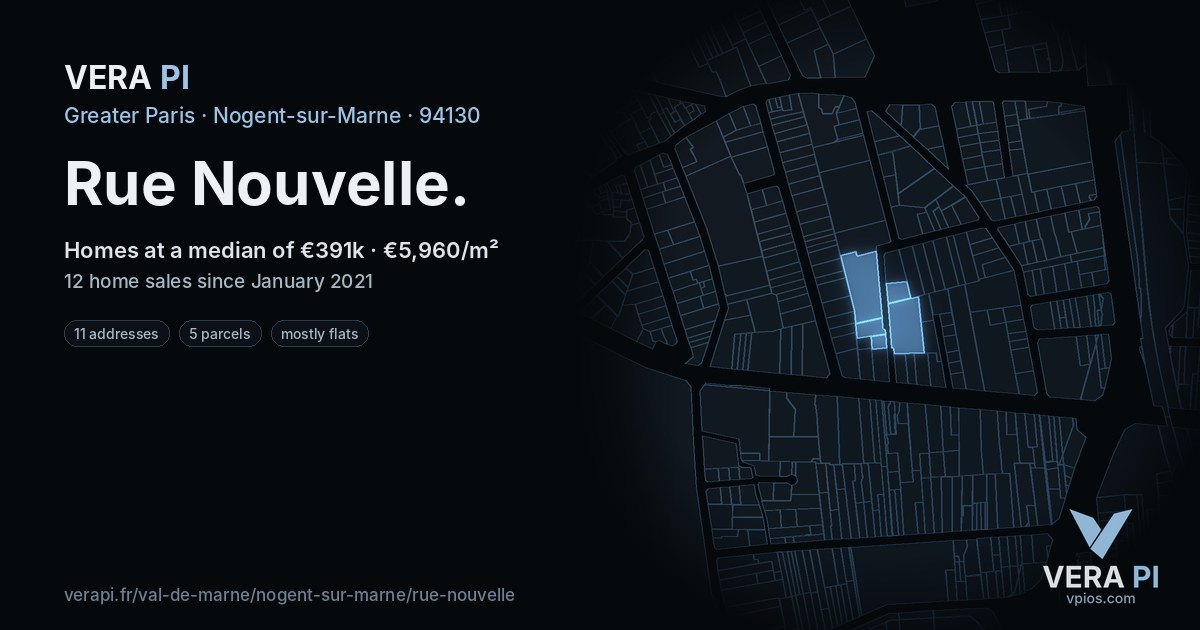 Rue Nouvelle, Nogent-sur-Marne at night – every parcel coloured by the prices around it, the street's own parcels lit