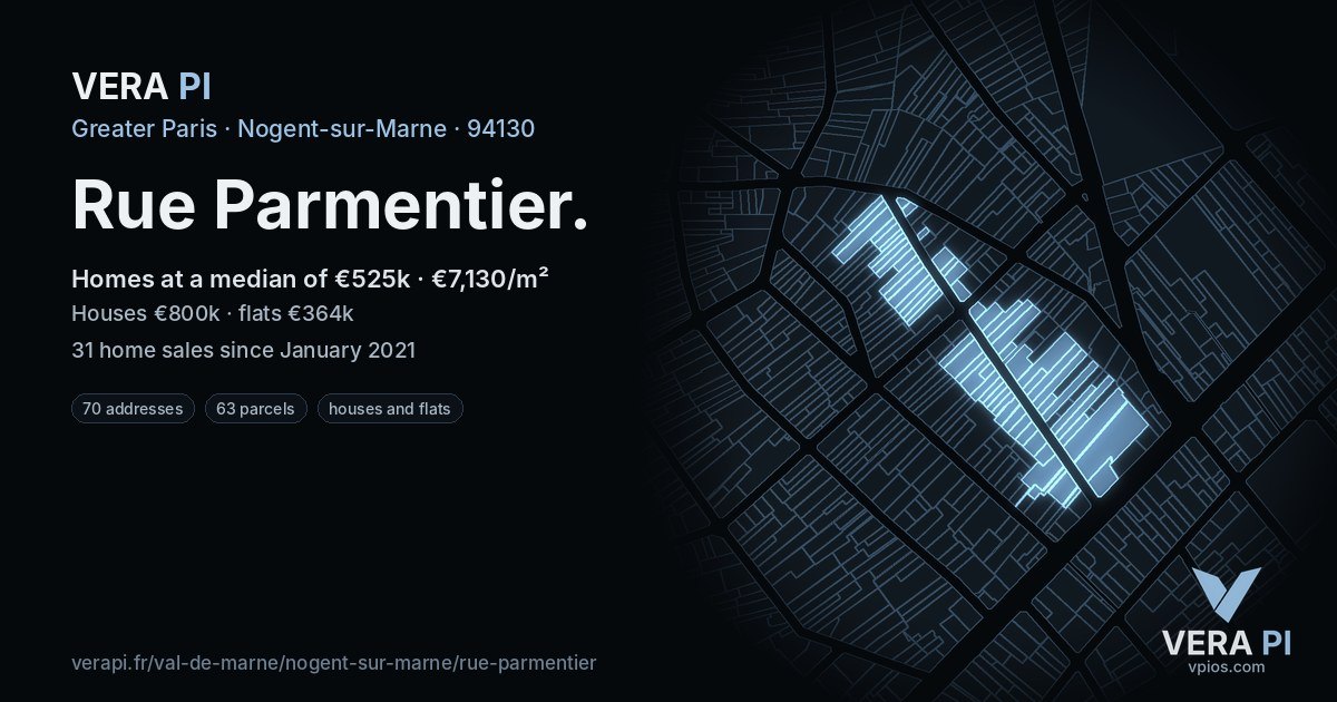 Rue Parmentier, Nogent-sur-Marne at night – every parcel coloured by the prices around it, the street's own parcels lit