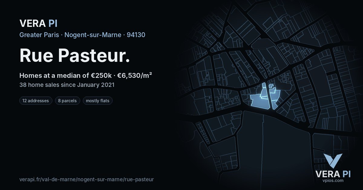 Rue Pasteur, Nogent-sur-Marne at night – every parcel coloured by the prices around it, the street's own parcels lit