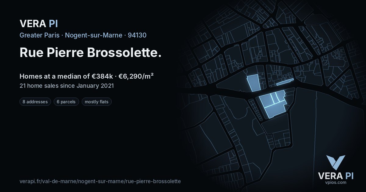 Rue Pierre Brossolette, Nogent-sur-Marne at night – every parcel coloured by the prices around it, the street's own parcels lit