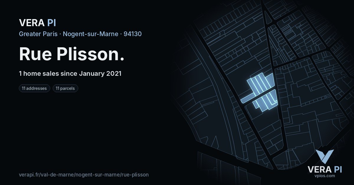 Rue Plisson, Nogent-sur-Marne at night – every parcel coloured by the prices around it, the street's own parcels lit