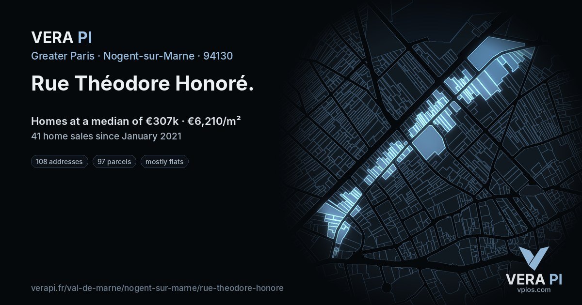 Rue Théodore Honoré, Nogent-sur-Marne at night – every parcel coloured by the prices around it, the street's own parcels lit