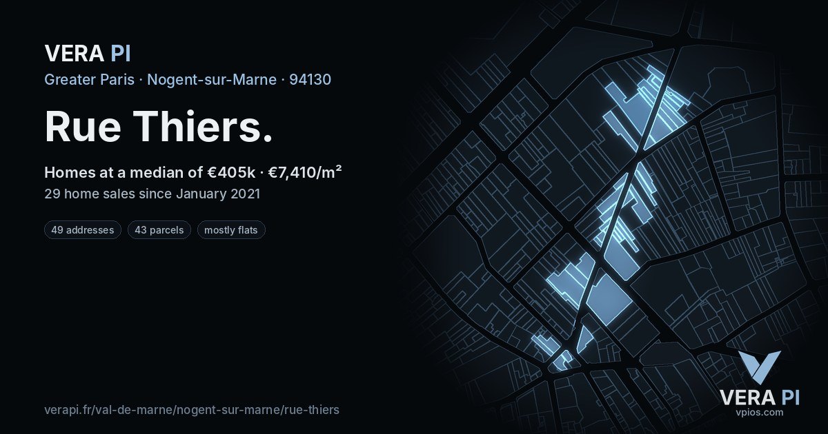 Rue Thiers, Nogent-sur-Marne at night – every parcel coloured by the prices around it, the street's own parcels lit