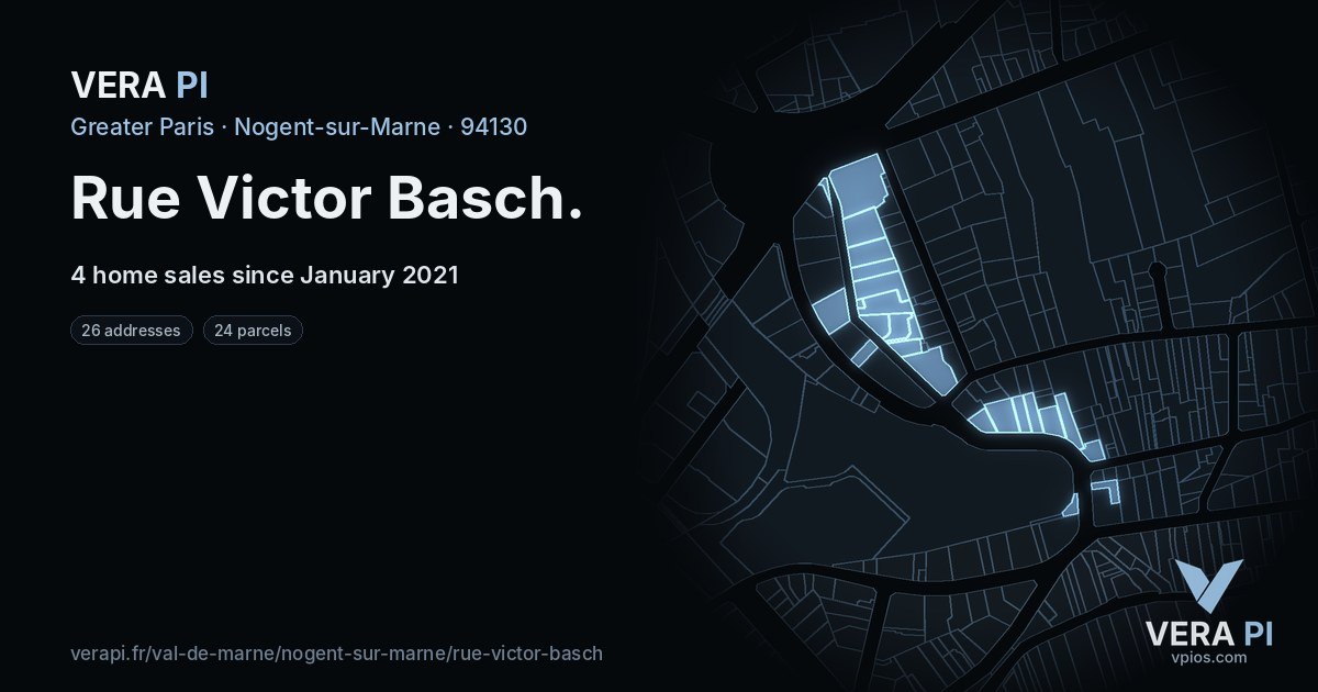 Rue Victor Basch, Nogent-sur-Marne at night – every parcel coloured by the prices around it, the street's own parcels lit