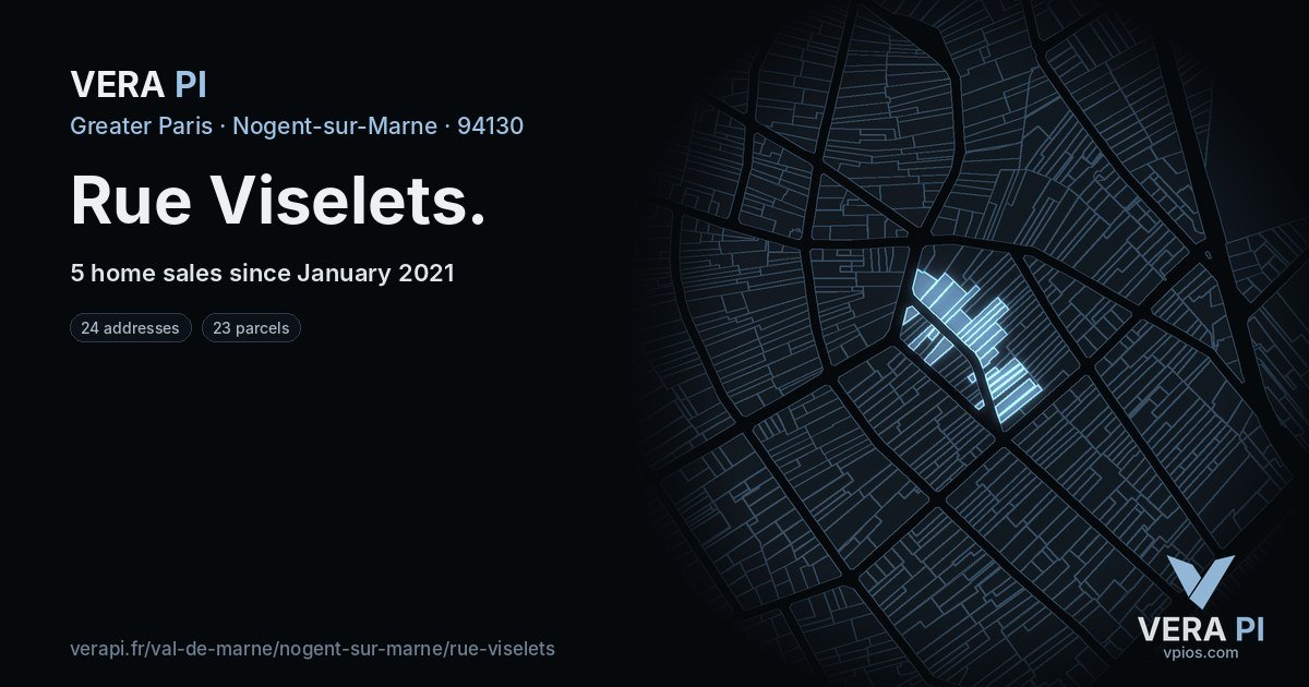 Rue Viselets, Nogent-sur-Marne at night – every parcel coloured by the prices around it, the street's own parcels lit