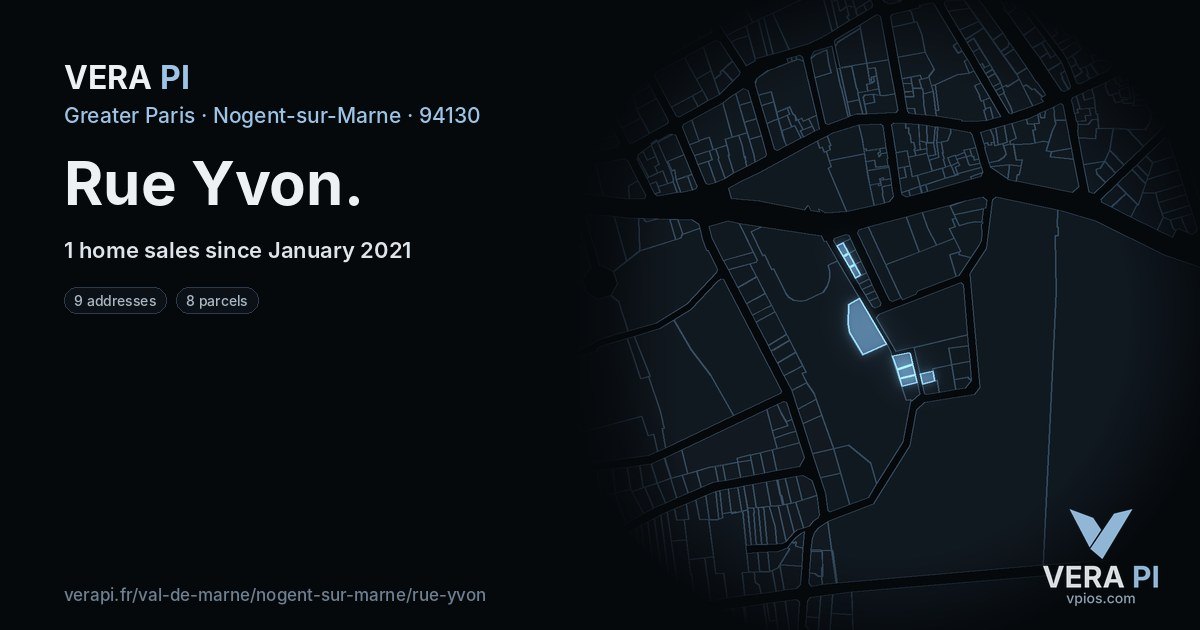 Rue Yvon, Nogent-sur-Marne at night – every parcel coloured by the prices around it, the street's own parcels lit