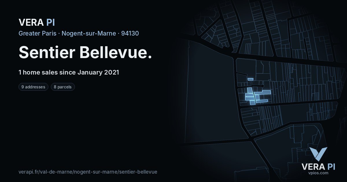 Sentier Bellevue, Nogent-sur-Marne at night – every parcel coloured by the prices around it, the street's own parcels lit