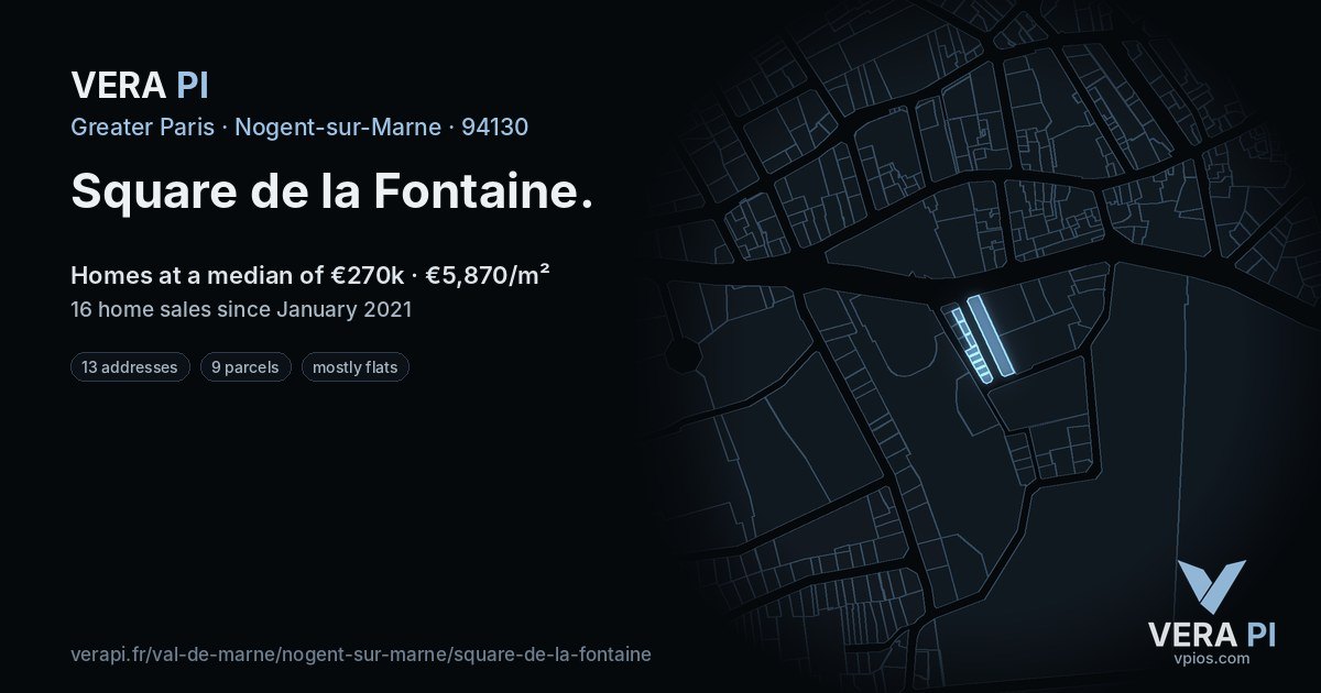 Square de la Fontaine, Nogent-sur-Marne at night – every parcel coloured by the prices around it, the street's own parcels lit