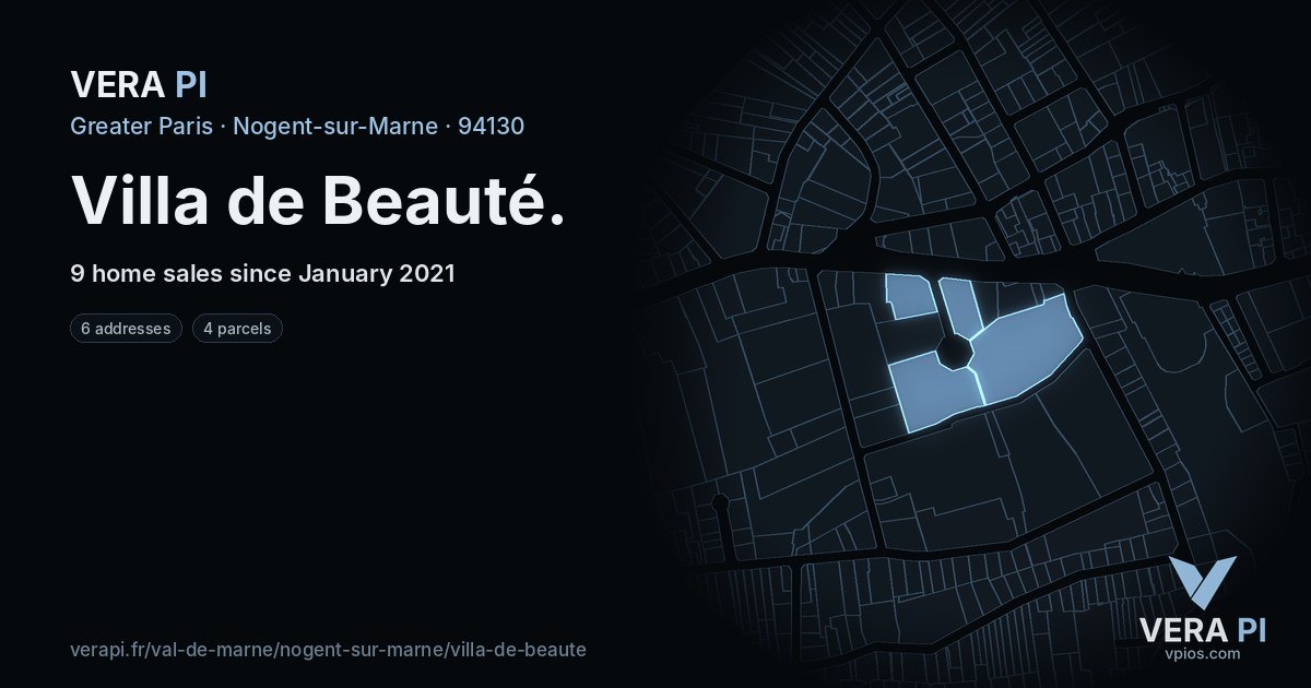Villa de Beauté, Nogent-sur-Marne at night – every parcel coloured by the prices around it, the street's own parcels lit