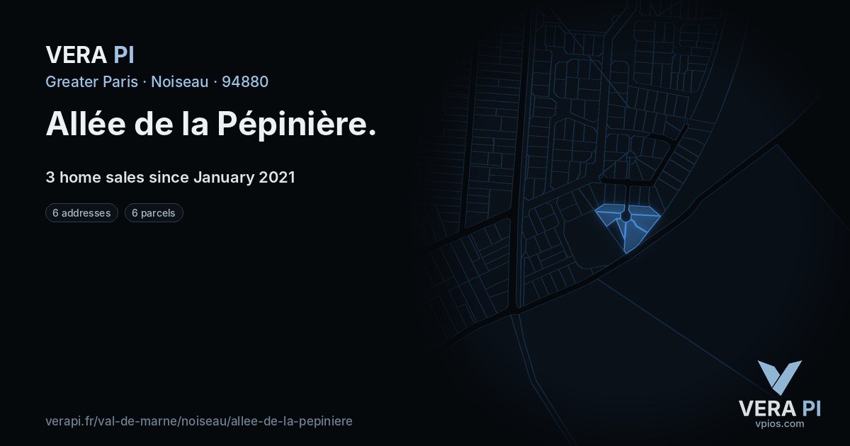Allée de la Pépinière, Noiseau at night – every parcel coloured by the prices around it, the street's own parcels lit