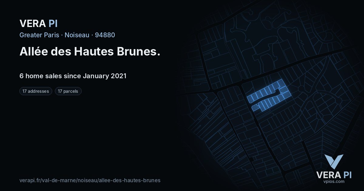 Allée des Hautes Brunes, Noiseau at night – every parcel coloured by the prices around it, the street's own parcels lit